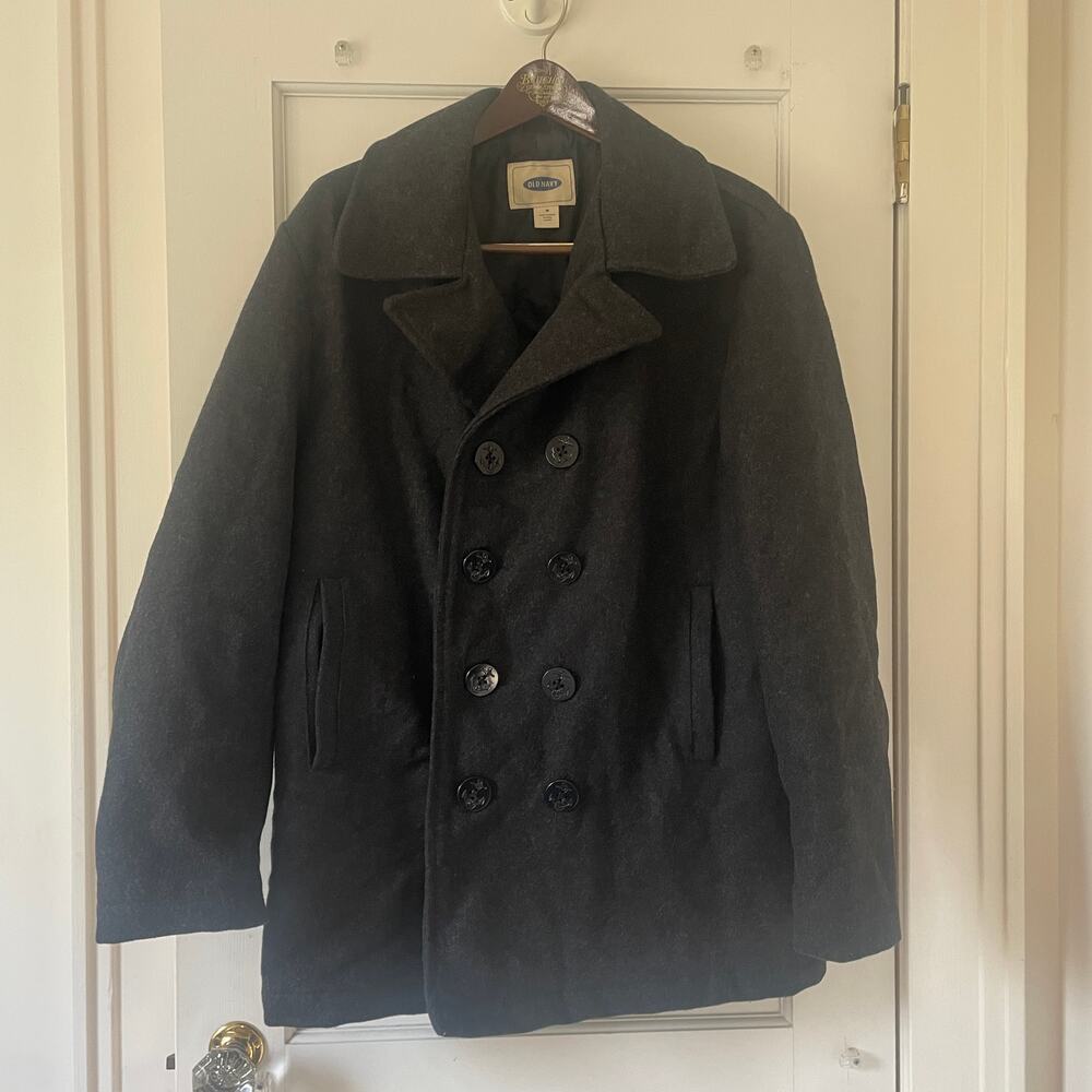 Old Navy Charcoal Double-Breasted Peacoat Size M Wool Blend Quilted Liner - Picture 2 of 9